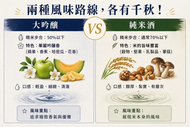 大吟釀追求的是極致的「吟釀香」，純米酒則更注重「米味」的展現。AI生成