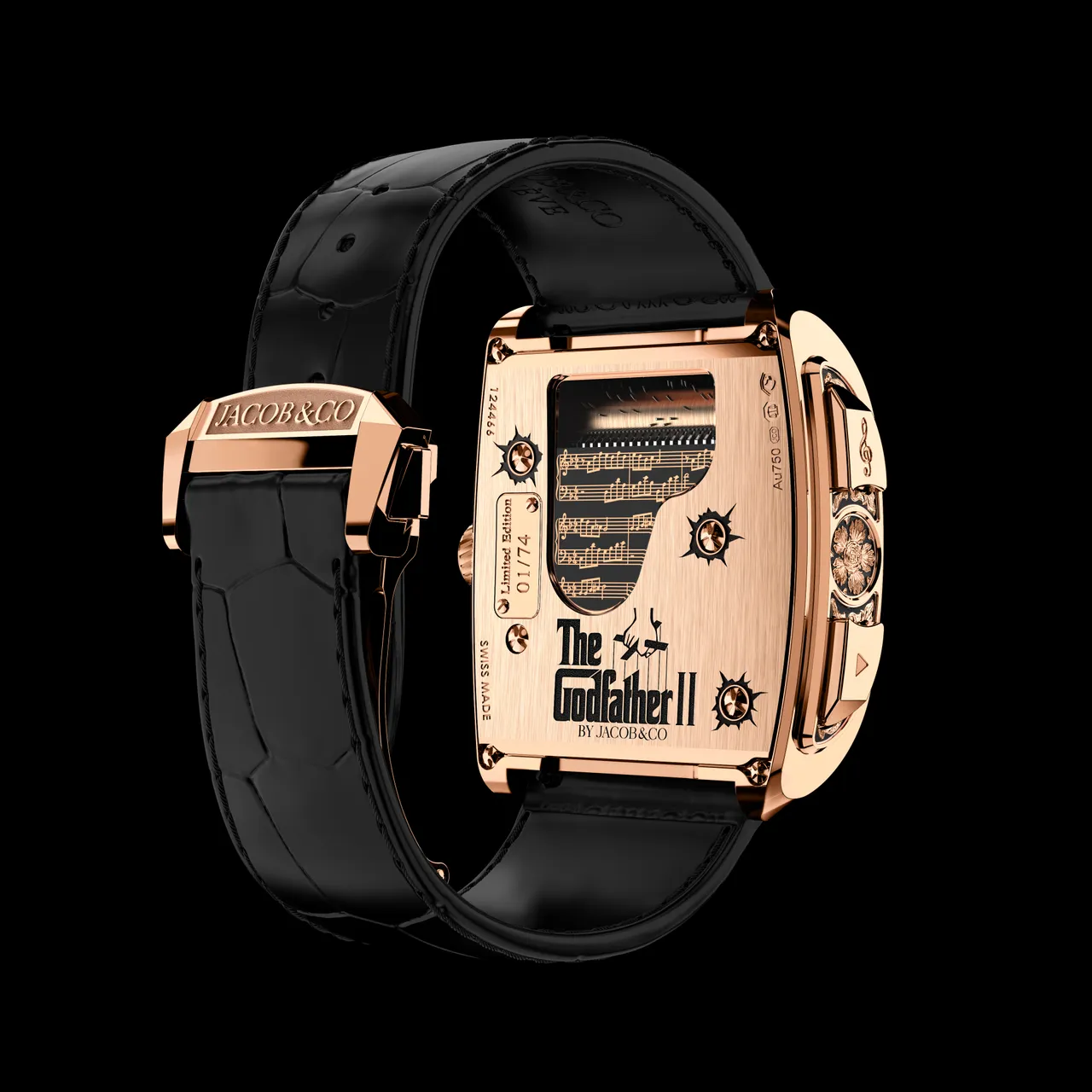 錶背特別設置了鋼琴造型的藍寶石水晶視窗，並鐫刻有《教父愛情主題曲》的真實樂譜，還有「彈孔」細節點綴。品牌提供