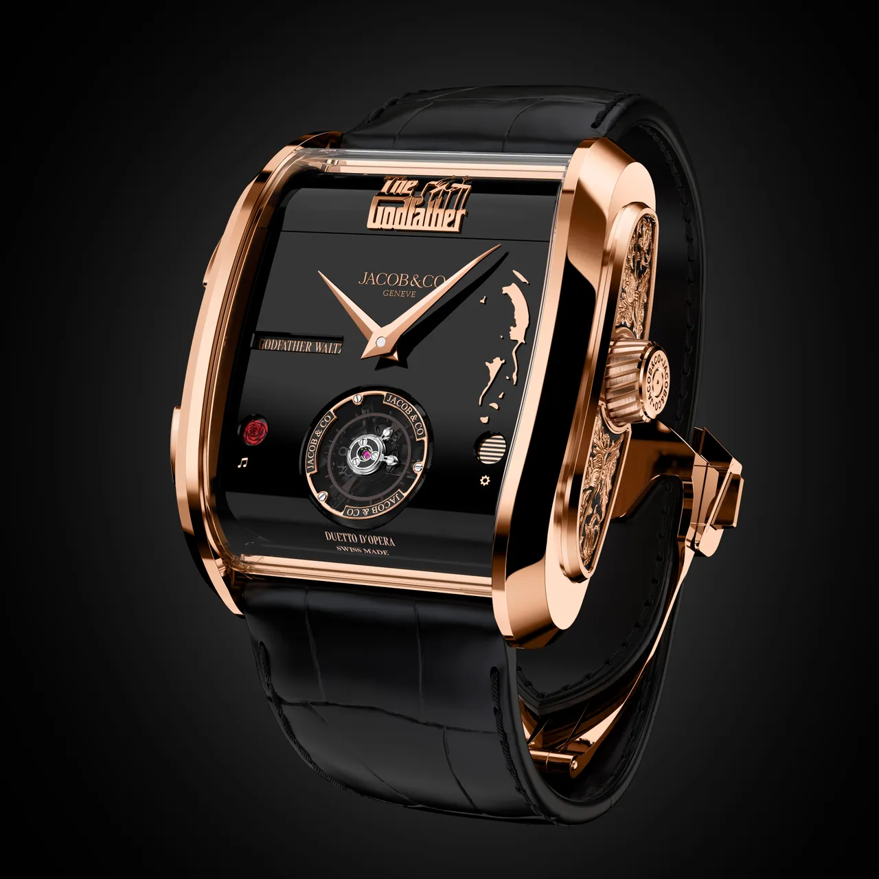 Jacob & Co.The Godfather II雙旋律飛行陀飛輪腕錶，42*44毫米，18K玫瑰金錶殼，黑色漆面錶盤，黑色鱷魚皮錶帶，Jacob & Co.獨家手動上鍊機芯JCAM62，動力儲存72小時，防水深度30米，全球限量74只，美金44萬元（約台幣1396萬元）。品牌提供