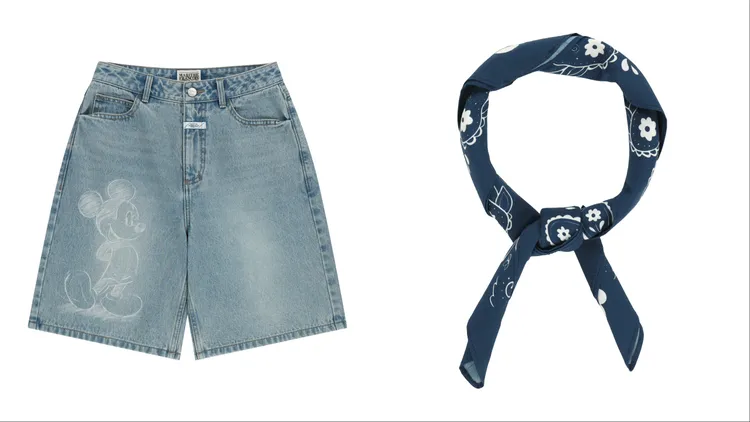 M+FG迪士尼聯名系列MICKEY女版百慕達丹寧短褲（左）3890元、MICKEY圖騰頭巾（右）1090元。品牌提供