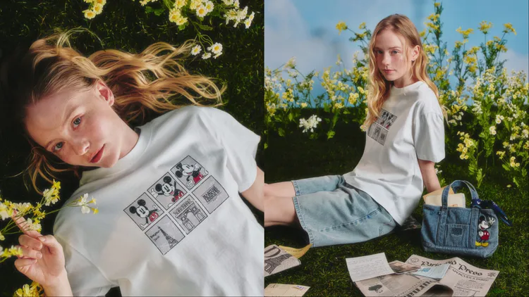 底片印花T恤上的米奇分別與巴黎鐵塔、凱旋門合照。品牌提供