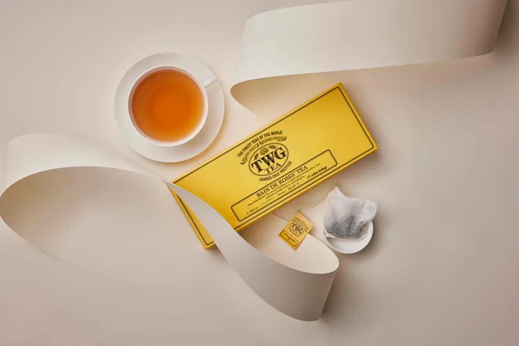 TWG Tea玫瑰芬香茶手工純棉茶包，單盒15入售價為新台幣750元。業者提供