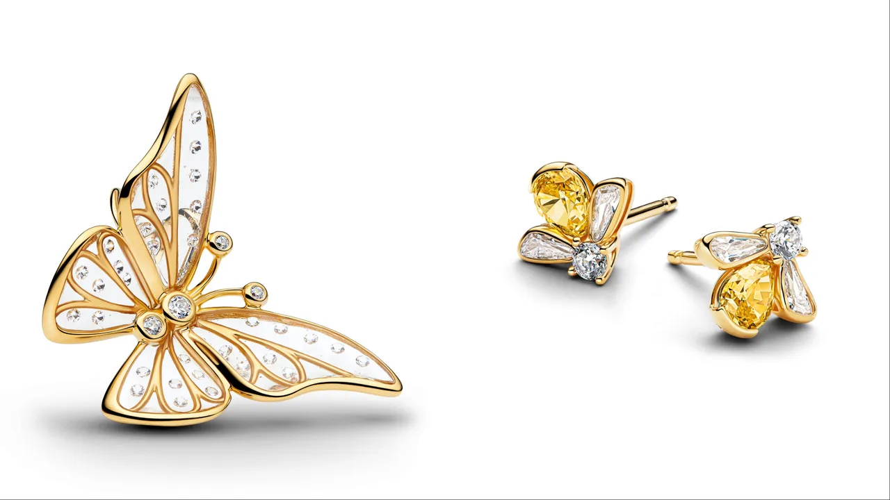 Pandora特大蝴蝶鏤空串飾（左）、鎏金蜜蜂耳環（右），各4080元。品牌提供