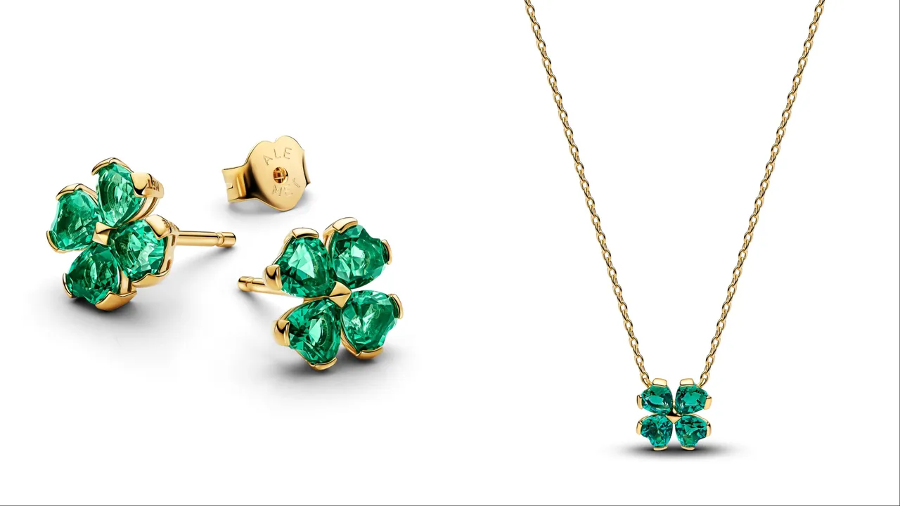 Pandora璀璨幸運草耳環（左）5580元、璀璨幸運草項鍊（右）7080元。品牌提供