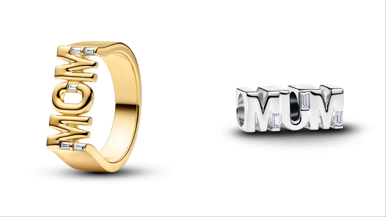 PandoraMOM字母圖章戒指（左）4680元、MUM字母串飾（右）1480元。品牌提供