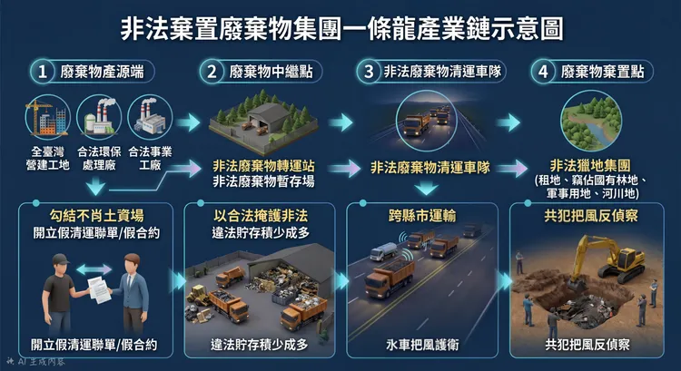 非法棄置廢棄物集團一條龍產業鏈示意圖。中檢提供