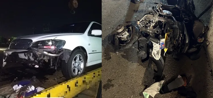 吳男騎機車誤闖國道，與汽車發生擦撞，車撞爛人卻沒有大礙。民眾提供