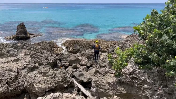 消防局救援人員在岸上搜尋。翻攝畫面