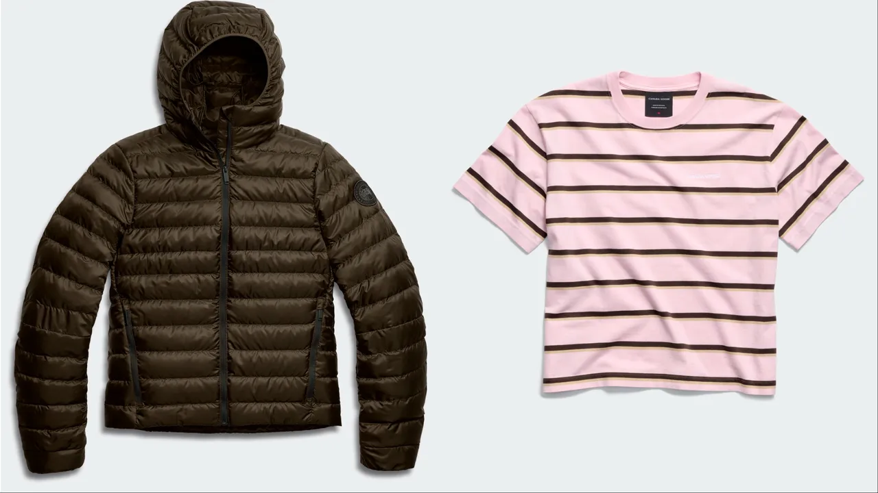 Canada Goose Aethera連帽外套（左）3萬1100元、Roam條紋T-Shirt（右）8700元。品牌提供