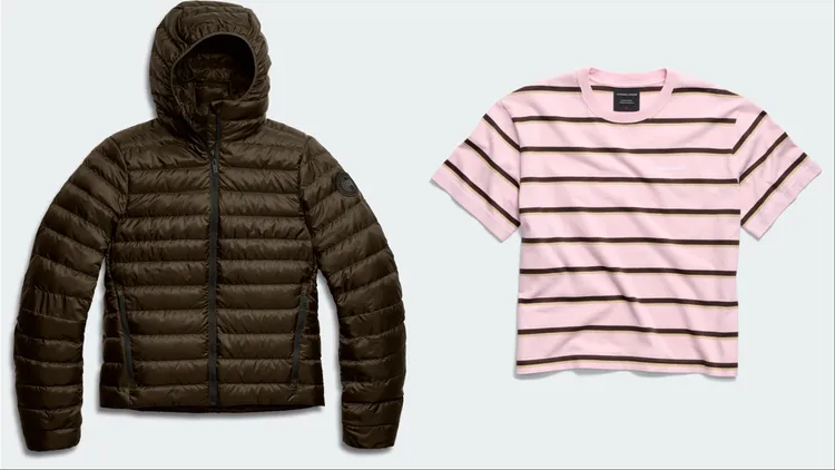 Canada Goose Aethera連帽外套（左）3萬1100元、Roam條紋T-Shirt（右）8700元。品牌提供