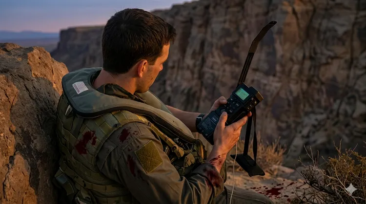 美國總統川普表示，失聯飛官攀爬上山崖邊，靠著「戰鬥生存定位器」聯繫美軍，保住一命。AI示意圖