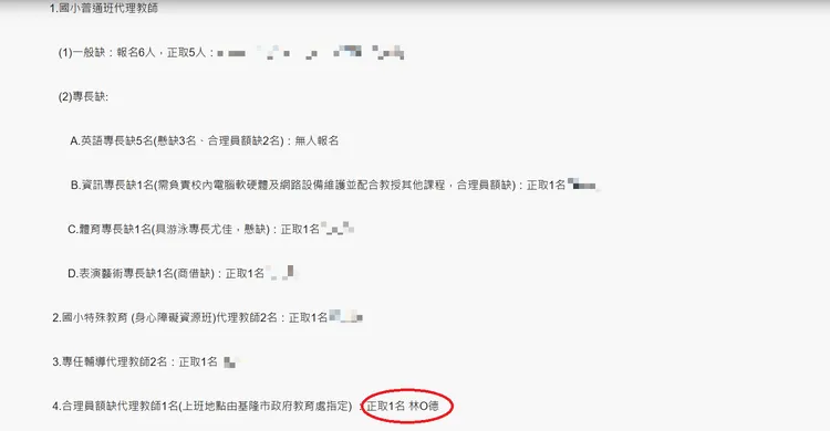 2025年林祐德錄取深美國小代理教師。翻攝教育處官網