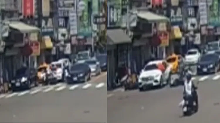 3部機車停等紅燈被撞飛，畫面驚悚。民眾提供