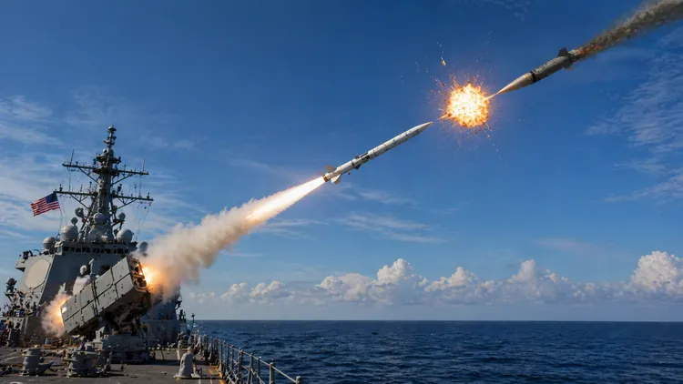 美軍將「增程愛國者三型」（PAC-3 MSE）裝設在海軍艦艇上，預期能有效擊落來襲的中國極音速飛彈。AI示意圖