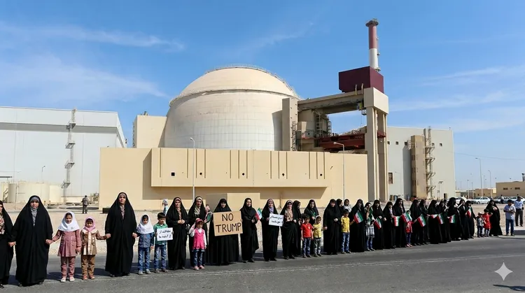 伊朗官員號召民眾到電廠外組成人牆，以人肉盾牌的方式保衛電廠。AI示意圖，背景為伊朗布什爾核能電廠。
