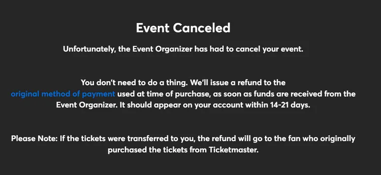 售票網站Ticketmaster發布取消公告。Ticketmaster