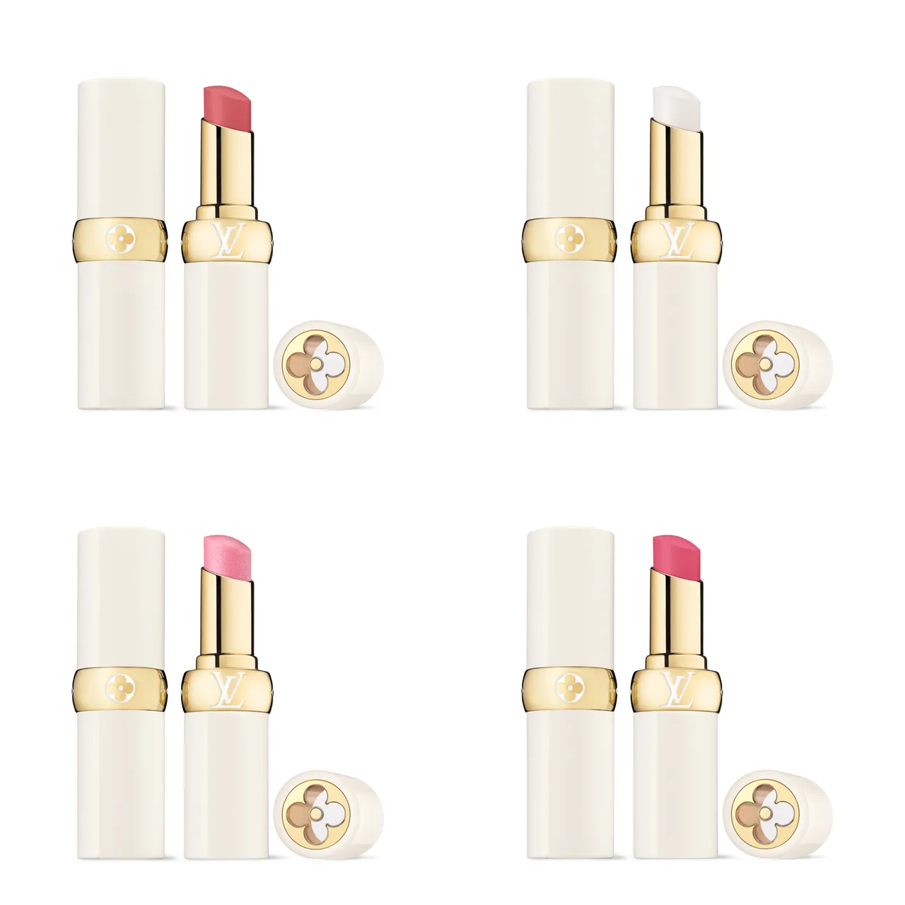 LV Baume潤唇膏推薦色，（上排左至右）#020淡玫瑰木色、#000半透明亮澤；（下排左至右）#030珍珠粉紅色、#031清新桃紅色，各5000元。品牌提供
