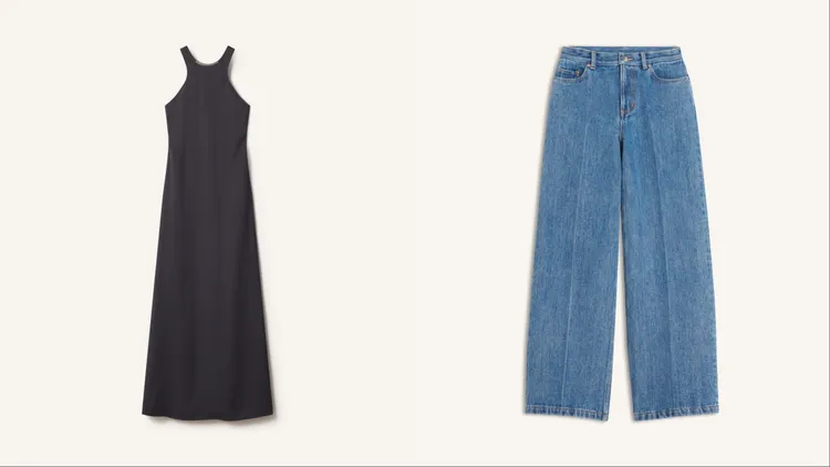 Maison Kitsuné「Savoir-Faire精湛工藝膠囊系列」經典海軍藍挖背禮服（左）12萬6900元、日制重磅洗舊寬管丹寧褲（右）1萬6400元。品牌提供