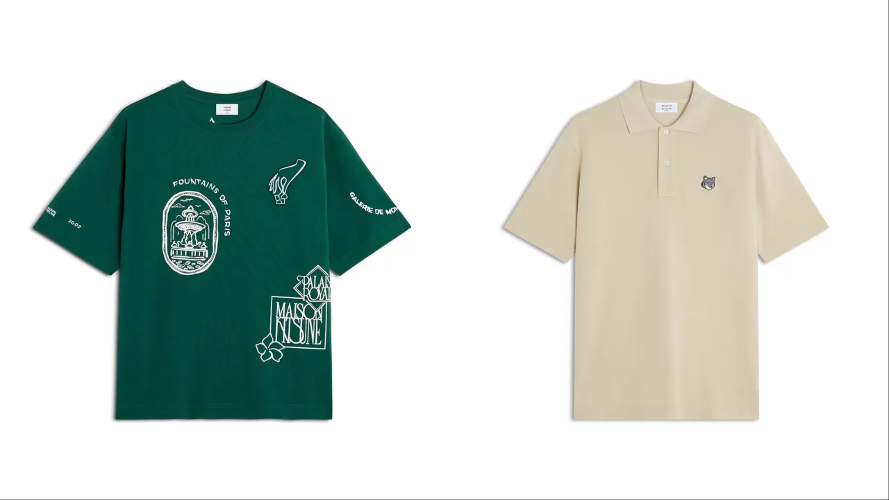 Maison Kitsuné墨瓶綠新藝術風勳章印花寬鬆短TEE（左）6300元、奶茶棕灰狐狸頭LOGO舒適POLO衫（右）5000元。品牌提供