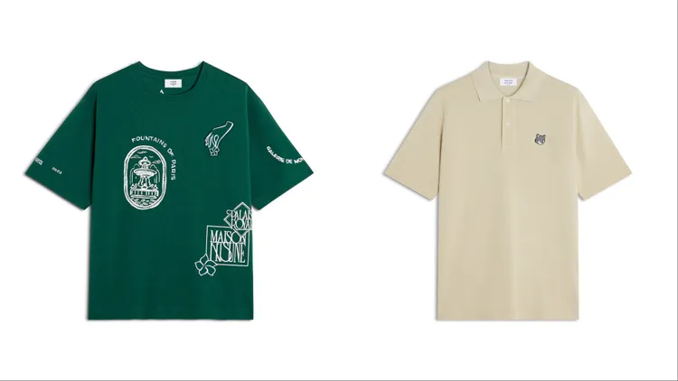Maison Kitsuné墨瓶綠新藝術風勳章印花寬鬆短TEE（左）6300元、奶茶棕灰狐狸頭LOGO舒適POLO衫（右）5000元。品牌提供