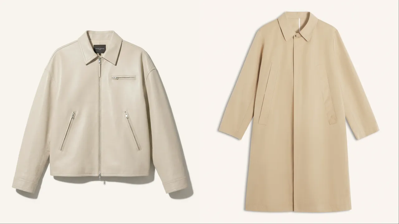 Maison Kitsuné「Savoir-Faire精湛工藝膠囊系列」夏威夷果色小羊皮外套（左）10萬9400元、夏威夷果色經典大衣（右）17萬2800元。品牌提供