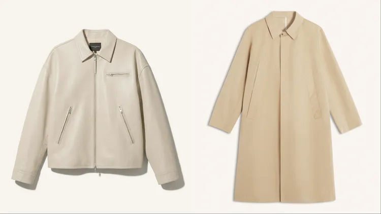 Maison Kitsuné「Savoir-Faire精湛工藝膠囊系列」夏威夷果色小羊皮外套（左）10萬9400元、夏威夷果色經典大衣（右）17萬2800元。品牌提供