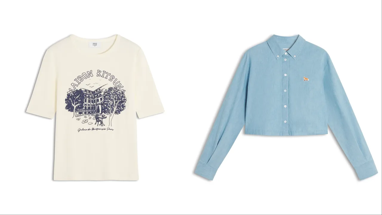 Maison Kitsuné奶霜白巴黎皇家宮殿印花合身短TEE（左）5300元、錢佈雷藍小狐狸LOGO棉府綢短版襯衫（右）8000元。品牌提供