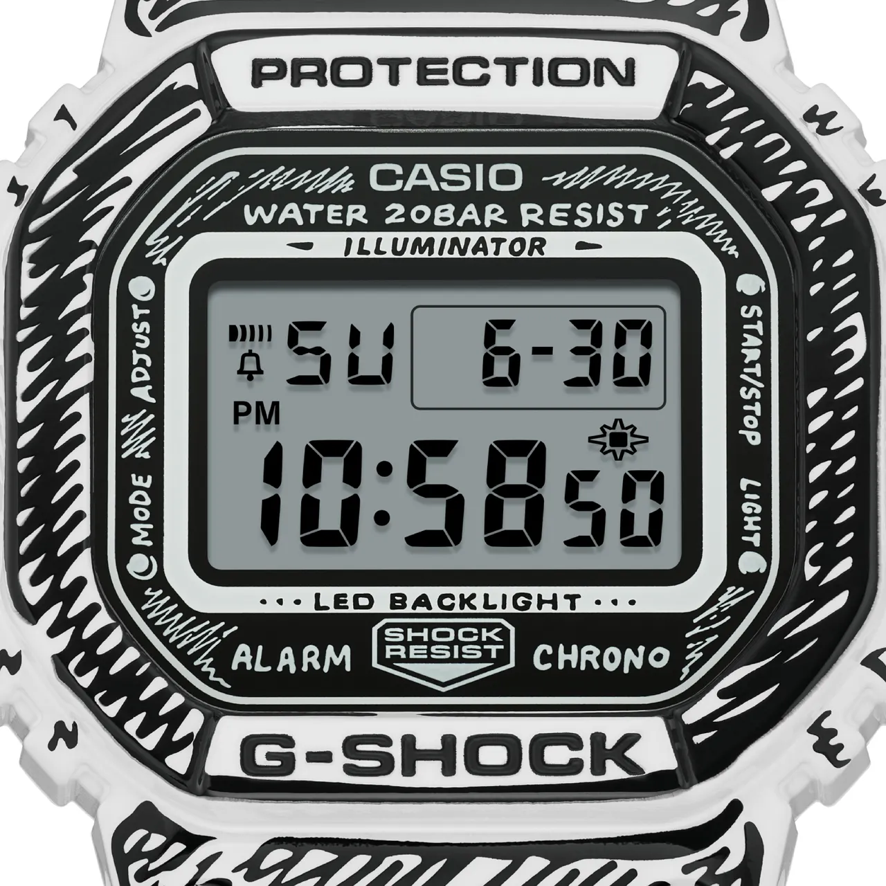 經典方形數位錶DW-5600JV-7具備Joshua的手繪錶盤錶盤。品牌提供