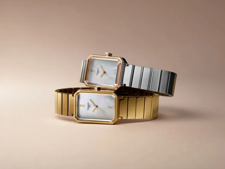 SRV系列以矩形錶殼與珍珠母貝面盤勾勒出女性優雅姿態。品牌提供