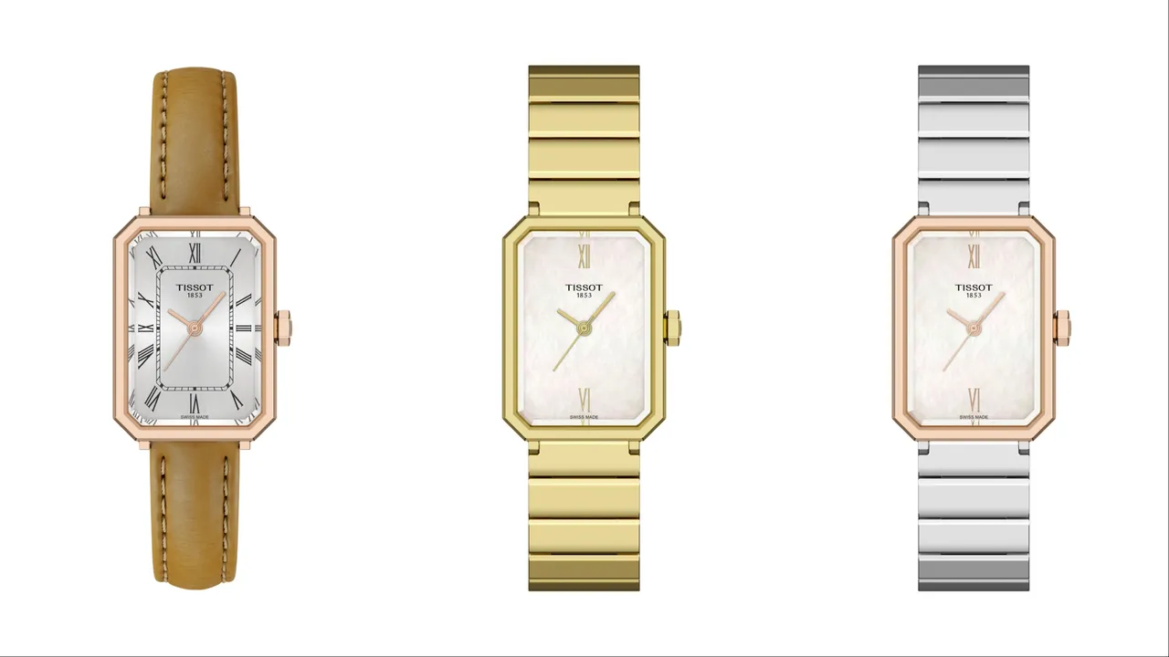 TISSOT SRV系列方形腕錶玫瑰金PVD錶殼款（左起）1萬3400元、珍珠母貝面盤與全金PVD款1萬7000元、珍珠母貝面盤與玫瑰金PVD錶殼款1萬4500元。品牌提供