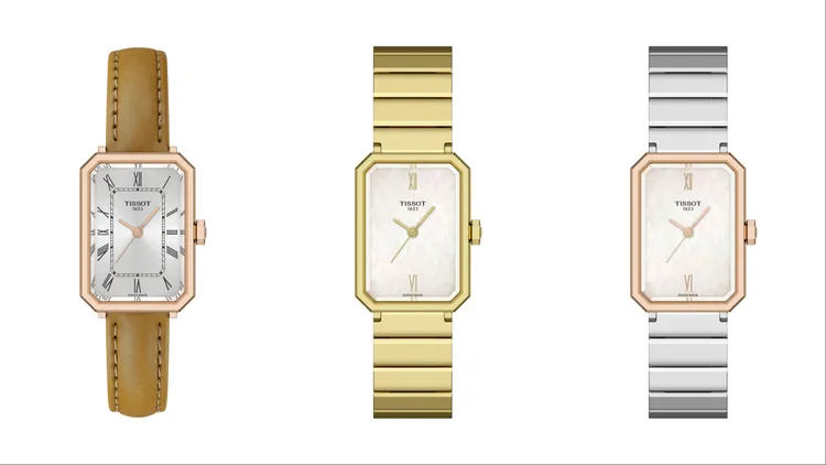 TISSOT SRV系列方形腕錶玫瑰金PVD錶殼款（左起）1萬3400元、珍珠母貝面盤與全金PVD款1萬7000元、珍珠母貝面盤與玫瑰金PVD錶殼款1萬4500元。品牌提供