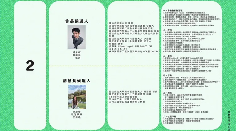 成大115學年度六合一選舉學生會正副會長候選人名單公告。翻攝《@ncku_su》IG