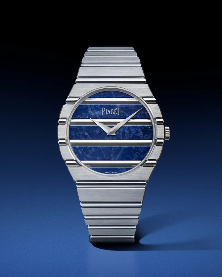 PIAGET Polo 79系列18K白金方納石自動上鍊超薄腕錶，38mm，18K白金錶殼，方納石錶盤，18K白金鍊帶，自製1200P1自動上鍊超薄機械機芯，動力儲存44小時，防水深度50米。品牌提供