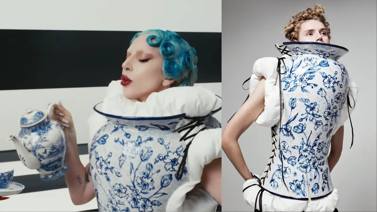 Lady Gaga挑戰了新銳設計師Daniel del Valle的青瓷花瓶馬甲上衣。翻攝Lady Gaga YouTube、翻攝thevxlley IG
