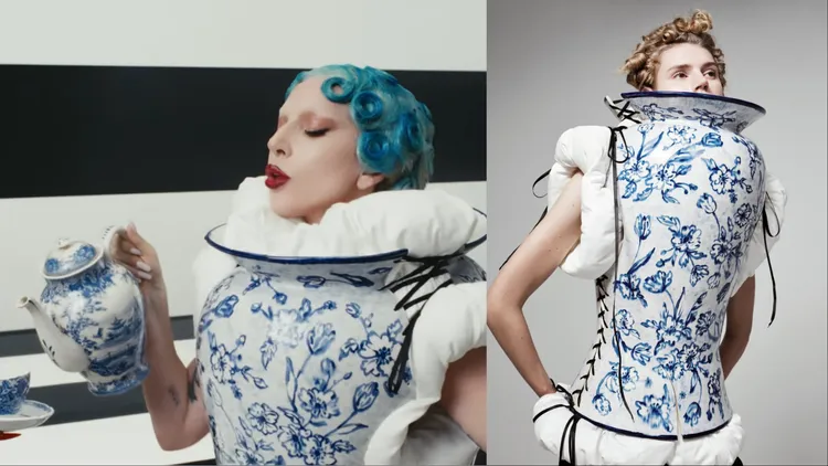 Lady Gaga挑戰了新銳設計師Daniel del Valle的青瓷花瓶馬甲上衣。翻攝Lady Gaga YouTube、翻攝thevxlley IG

