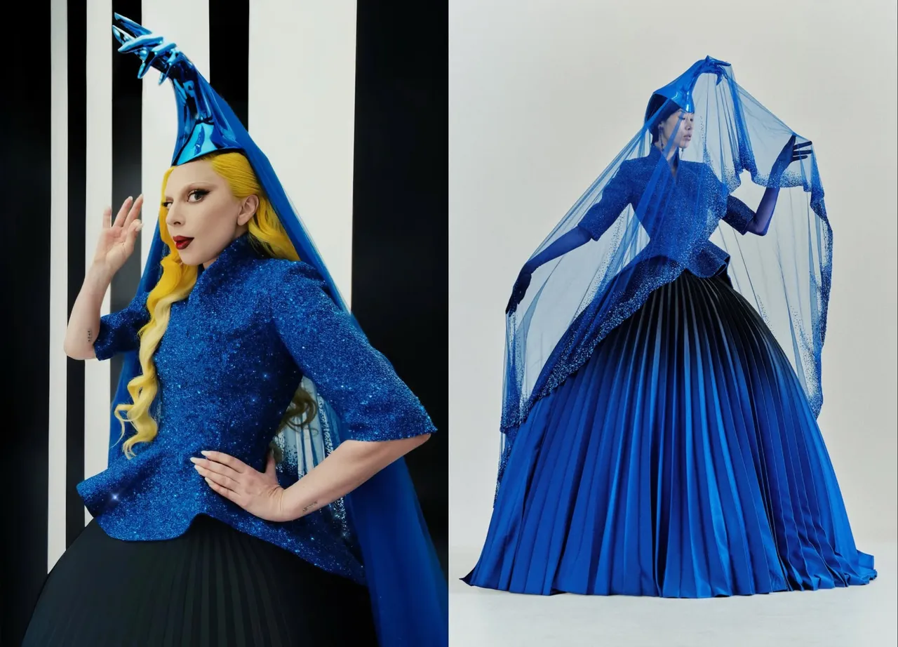 Lady Gaga（左）穿著的ROBERT WUN藍色高訂禮服頭飾呈現一隻手的造型，相當前衛。翻攝robertwun IG