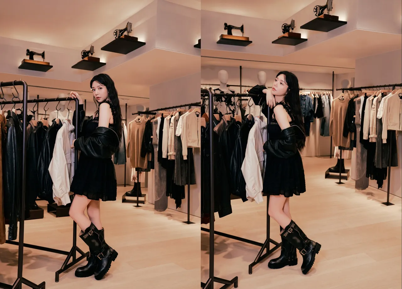 郭雪芙穿著ALLSAINTS抓皺短洋裝搭配皮外套、黑色騎士靴，造型又甜又辣。品牌提供