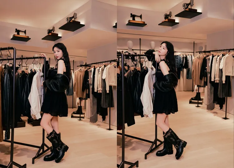 郭雪芙穿著ALLSAINTS抓皺短洋裝搭配皮外套、黑色騎士靴，造型又甜又辣。品牌提供