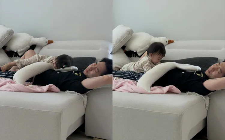朴有煥提到「爸爸睡著時，挖肚臍的리아（Leah）」，間接證實躺在身上的是女兒。翻攝朴有煥IG