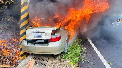 超驚險！台3線楠西段轎車自撞路樹...下一秒燒成火球　駕駛幸運逃生