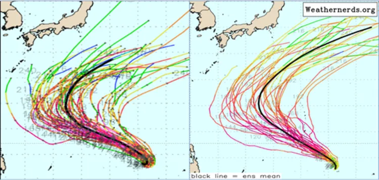 颱風「辛樂克」未來將出現「大迴轉」路徑，但距離臺灣及日本仍相當遙遠。翻攝Weathernerds
