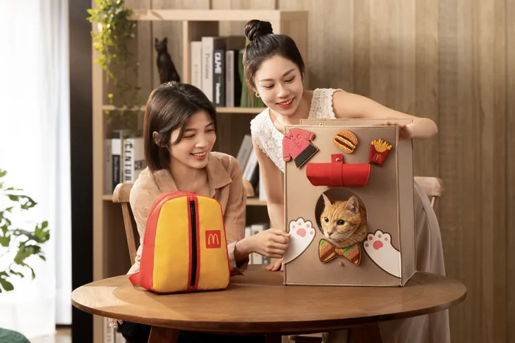 「麥粉市集」今上線，首發2款萌選品包含「麥麥萌背包」（左）、「麥麥貓窩袋」。麥當勞提供