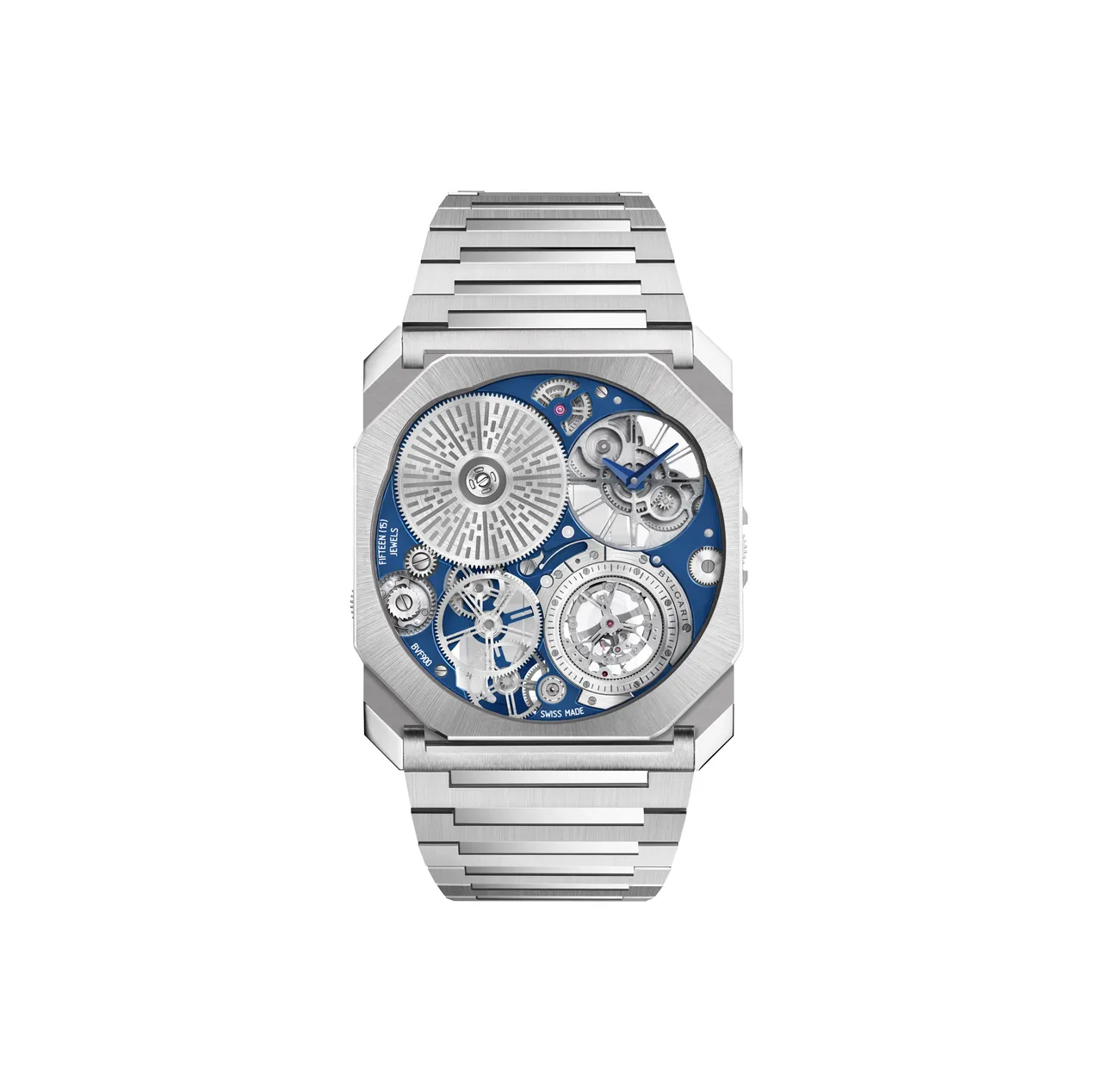 寶格麗Octo Finissimo Ultra Tourbillon Platinum超薄鉑金陀飛輪腕錶，40mm，緞面拋光鉑金錶殼，鏤空時、分顯示盤，緞面拋光鉑金錶帶，BVF 90 手動上鍊超薄陀飛輪機械機芯，限量10只。品牌提供