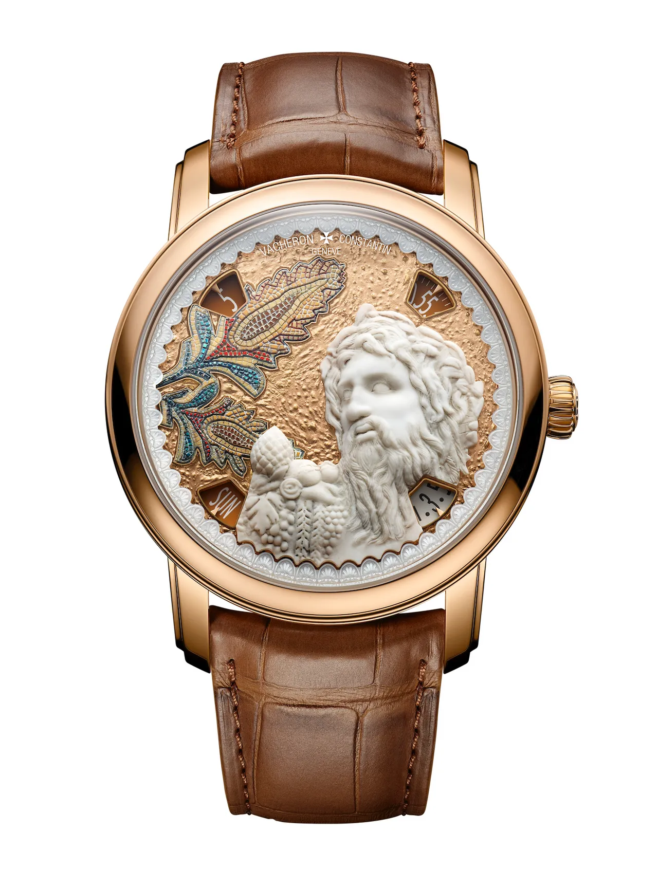 江詩丹頓Métiers d’Art藝術大師系列Tribute to Great Civilisations，42mm，18K粉紅金錶殼，金箔半透明琺瑯與石質微砌馬賽克錶盤，棕色密西西比鱷魚皮錶帶，2460 G4/2自動上鍊機芯，動力儲存40小時，防水深度30米，各款限量15只。品牌提供