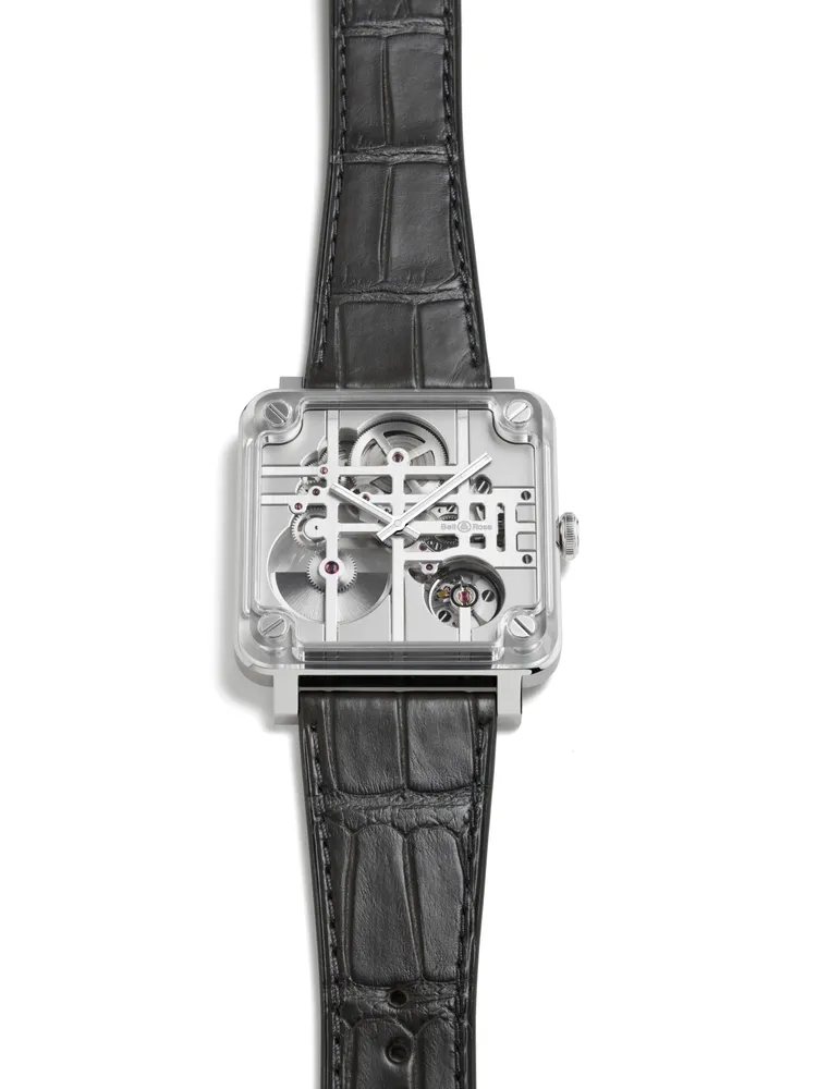 Bell & Ross BR-X3 Micro-Rotor，40mm ，緞面打磨及拋光不鏽鋼錶殼 ，鏤空鍍銠錶盤 ，灰色鱷魚壓紋小牛皮帶 ，BR-CAL.390專利自動機械機芯 ，動力儲存48小時，防水深度50米，限量99只，71萬4000元。品牌提供