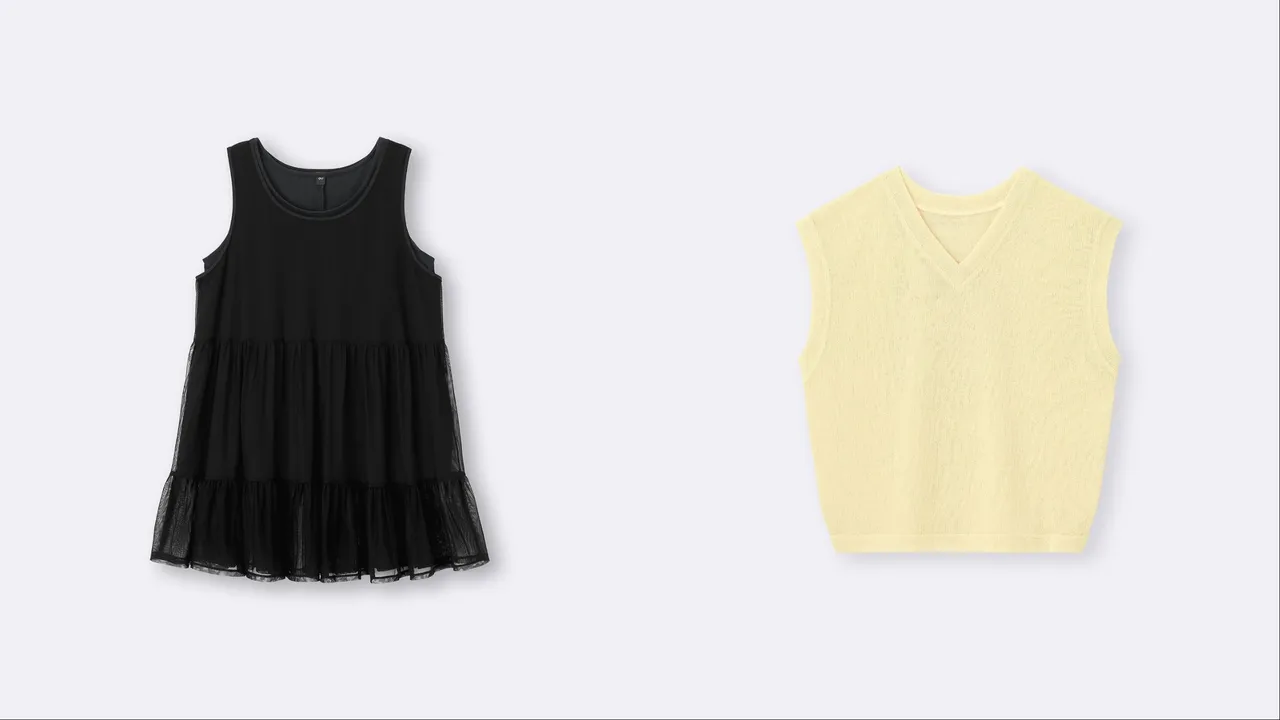 GU女裝兩件式TUNIC長版裙擺背心（左）限定價690元、女裝針織V領背心（右）限定價290元。品牌提供