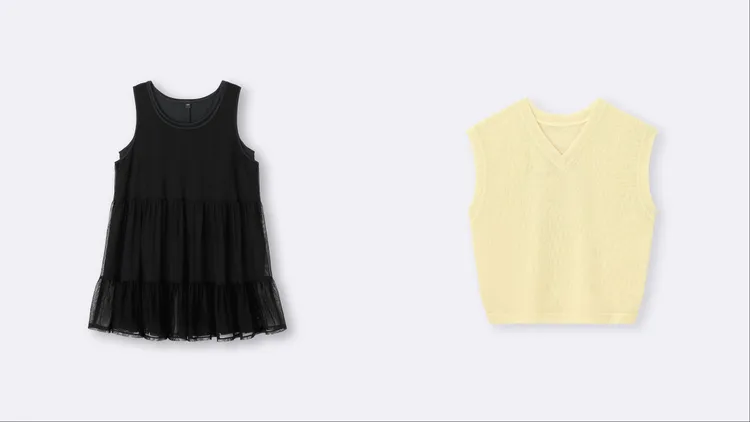 GU女裝兩件式TUNIC長版裙擺背心（左）限定價690元、女裝針織V領背心（右）限定價290元。品牌提供