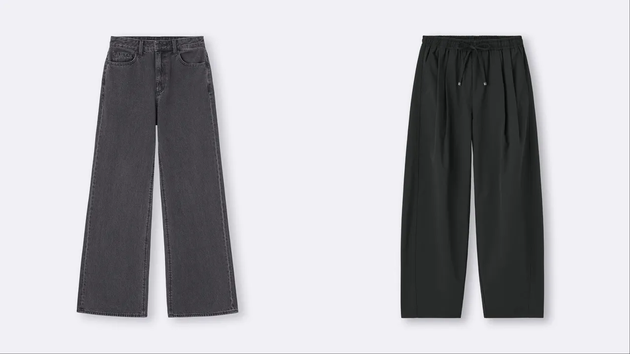 GU女裝Baggy喇叭牛仔寬褲（左）限定價790元、女裝Barrel Ankle輕便錐形褲（右）限定價690元。品牌提供