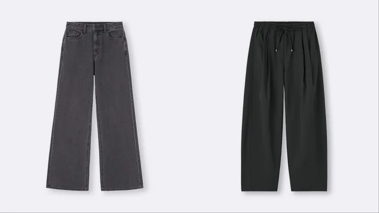 GU女裝Baggy喇叭牛仔寬褲（左）限定價790元、女裝Barrel Ankle輕便錐形褲（右）限定價690元。品牌提供