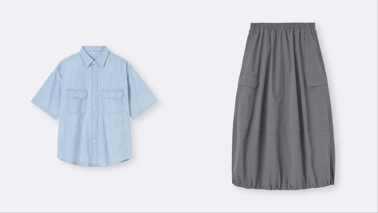 GU牛仔oversized工作襯衫（左）限定價690元、女裝輕型工裝裙（右）限定價890元。品牌提供